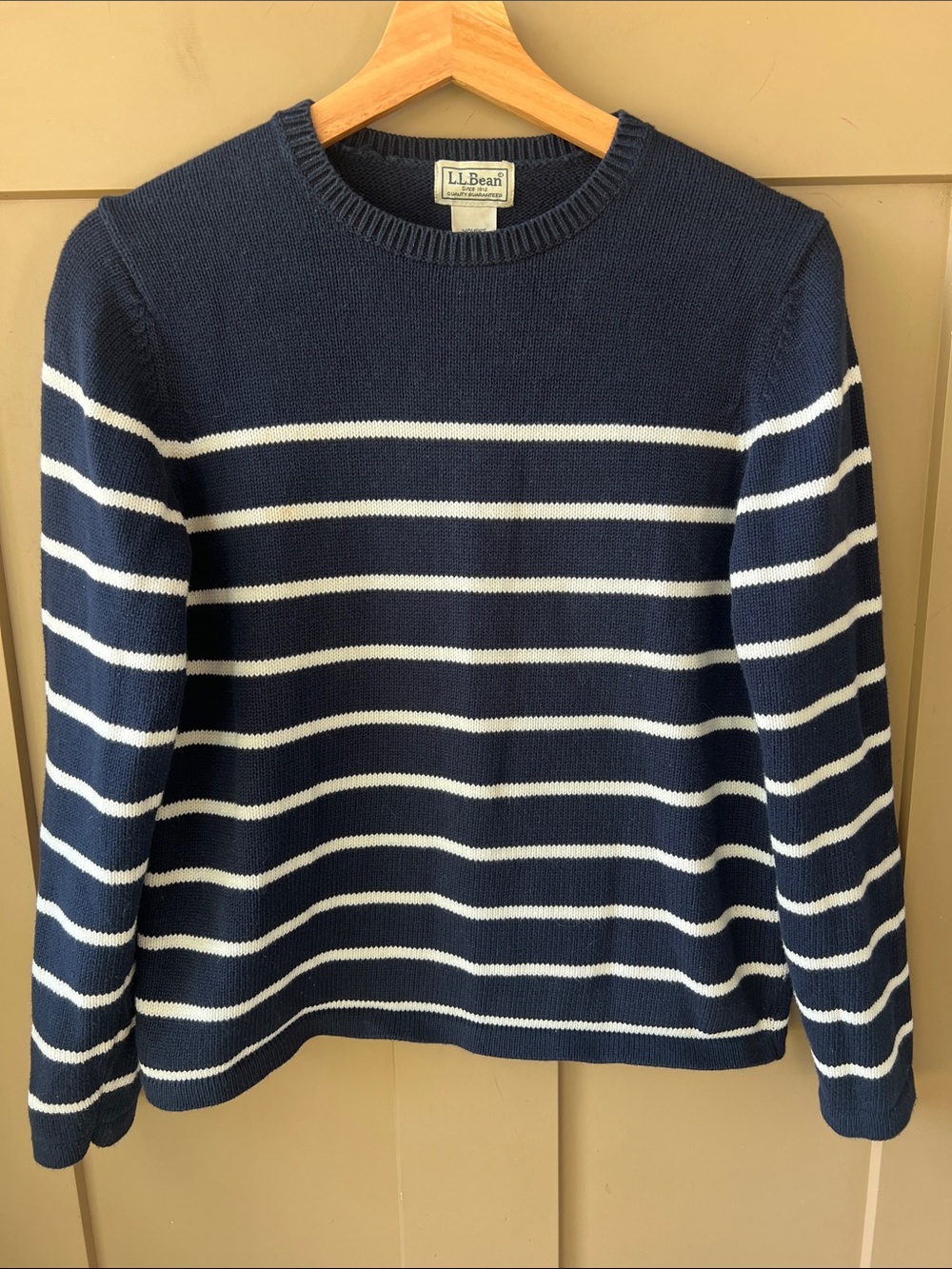 L.L. Bean Sz S Cotton Striped Crewneck Sweater Navy White Preppy Classic